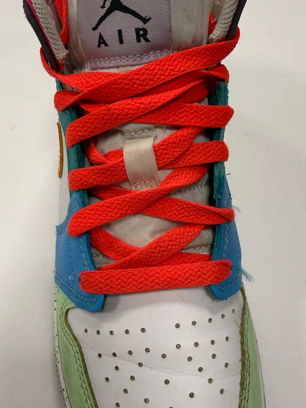 Jordan Kids' Colorblock High-Top Sneakers - White/Green/Blue with Red Laces